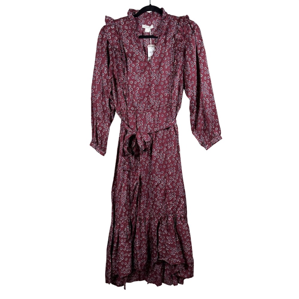 Outerknown‎ Womens S Stardust Midi Dress Plum Silk Blend Floral Boho Ruffle NWT